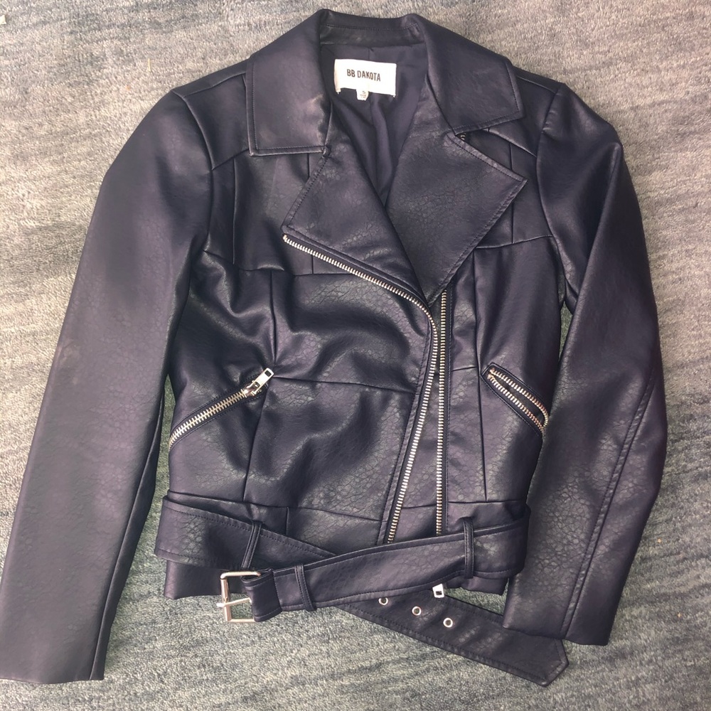 Navy Blue Leather Moto Jacket